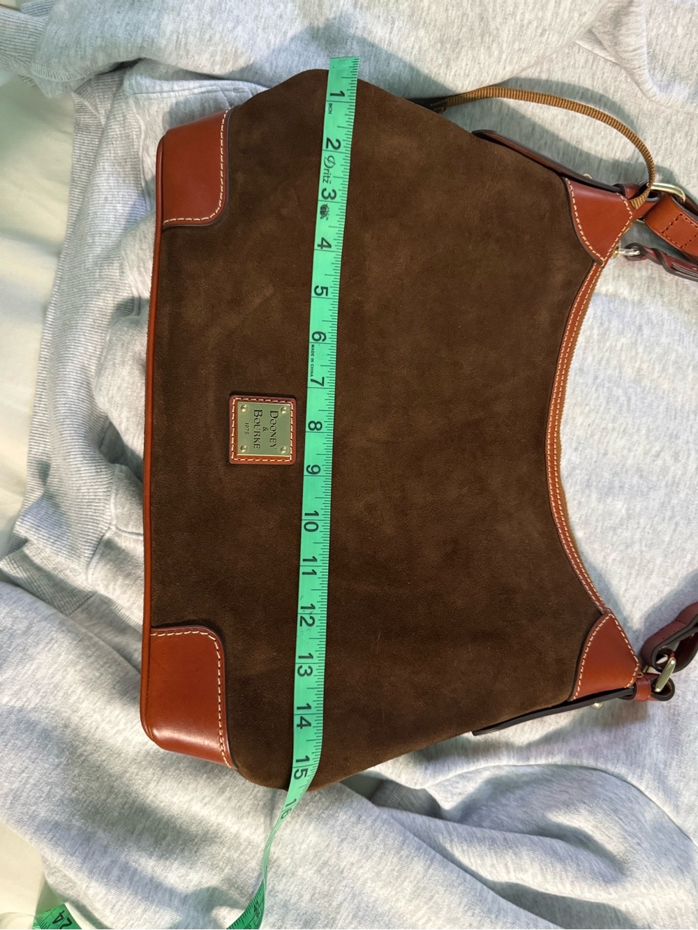 Dooney & Bourke Dark Brown Suede Shoulder Bag with Tan Leather Trim - Picture 10 of 10